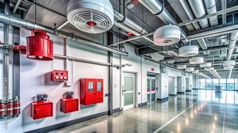 Thematic photo of a modern building with a fire alarm system visible, possibly with a firefighter inspecting it.