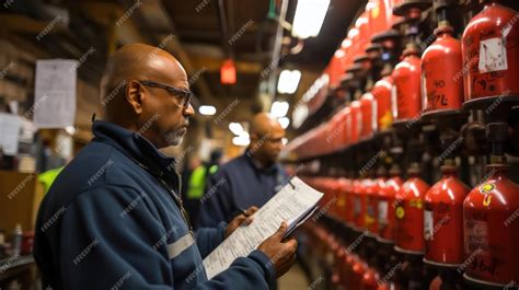 Thematic photo of a fire safety professional reviewing documents or inspecting a fire alarm panel.