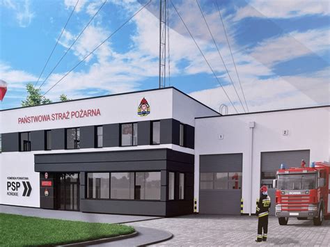 Nowa strażnica w Ostrowie, Gmina Chęciny, prezentująca nowoczesną architekturę.