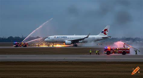 Photo of an airplane on a runway with smoke visible, emergency slides deployed