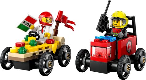Zestaw LEGO City 60458 przedstawiający wyścig auta w kształcie pizzy i wozu strażackiego z minifigurkami