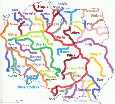 Mapa Polski z zaznaczonymi głównymi rzekami i drogami wodnymi