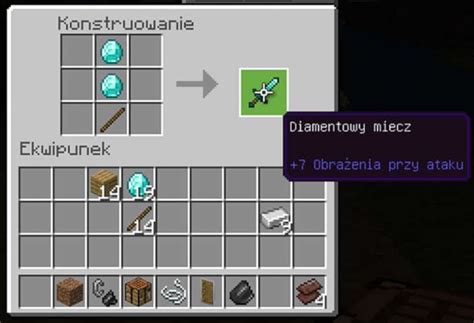 Przepis craftingu miecza w Minecraft