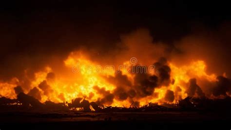 Thematic photo of a large fire at night, showing flames and smoke