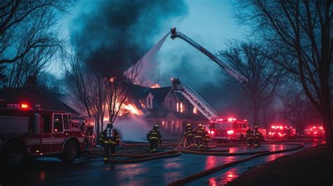 Thematic photo of a house fire at night with firefighters in action