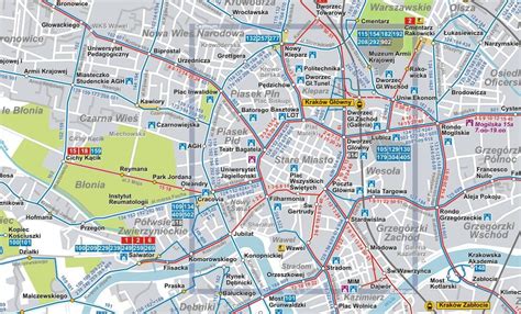 Mapa sieci komunikacji miejskiej MPK Kraków z wyróżnionymi trasami