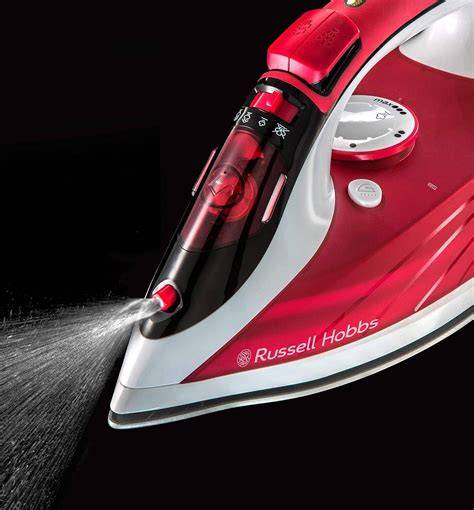The Russell Hobbs Power Steam Ultra iron with its ceramic soleplate gliding over fabric