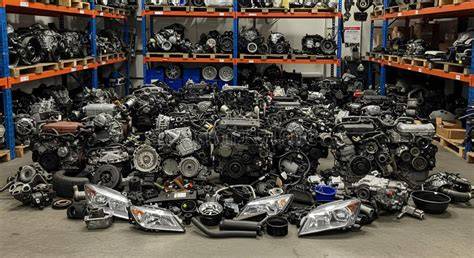 Thematic photo of a car dismantling facility or neatly organized used car parts