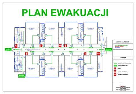 Schematyczny plan ewakuacji z zaznaczonymi drogami i miejscem zbiórki