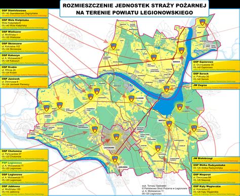 Mapa Rybnika z lokalizacjami jednostek OSP i ich obszarami działania