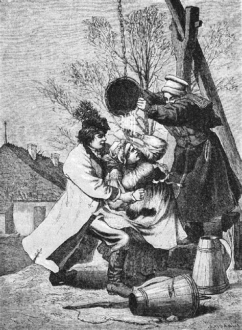 Ilustracja historycznego sprzętu strażackiego, np. drewnianych wiader i bosaków.