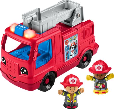 The Fisher-Price Little People Fire Truck with Erika and Karson figures, showing its interactive features like lights and spinning hose.