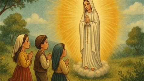 ilustracja przedstawiająca troje dzieci z Fatimy z Matką Bożą
