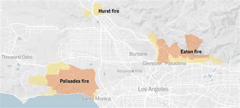 Mapa z zaznaczonymi obszarami dotkniętymi pożarami w rejonie Los Angeles
