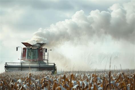 Thematic photo of a burning combine harvester in a field with smoke, showing fire trucks in the background
