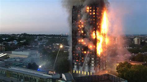 The Grenfell Tower on fire, night, 14 June 2017