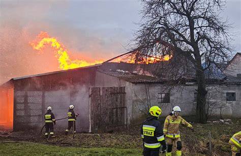 Zniszczone zabudowania gospodarcze po pożarze w powiecie sieradzkim