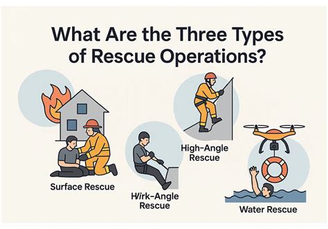 Infographic showing different types of rescue operations (firefighting, technical, height, water) with corresponding helmets