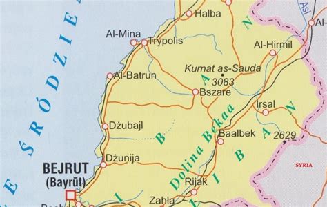 Mapa Libanu z zaznaczonymi głównymi pasmami górskimi i dolinami (Dolina Bekaa, Góry Liban)