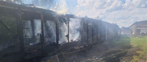 zdjęcie spalonego wagonu kolejki wąskotorowej, widoczne ślady dymu i zniszczeń