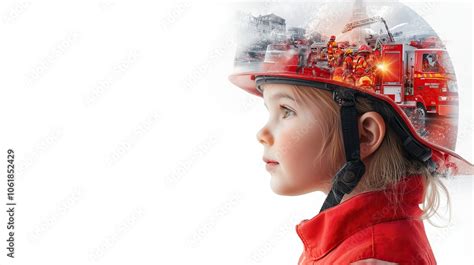 Thematic photo of a child dreaming of becoming a firefighter, perhaps looking at a firefighter's helmet