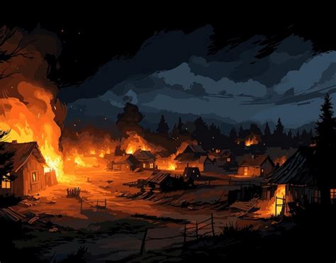 Illustration of the village Kozie Różki with a fire station and villagers working in the fields