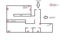 schematyczny plan mieszkania z zaznaczonym miejscem pożaru i lokalizacją strażaków