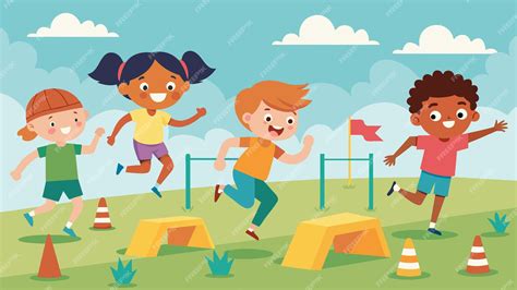 Thematic photo of children participating in a firefighter competition, running an obstacle course