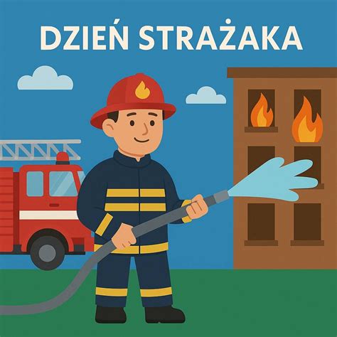 Ilustracja przedstawiająca postać Strażaka Sama w otoczeniu dzieci i kolegów strażaków.