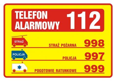 Tabliczka z numerami alarmowymi w budynku, umieszczona w widocznym miejscu