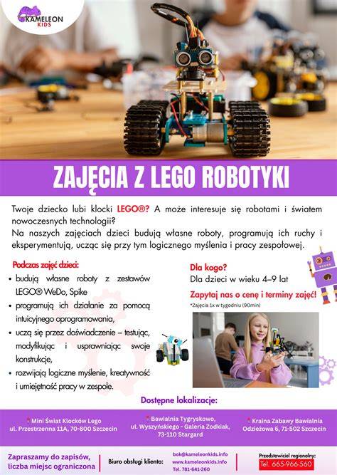 Infografika przedstawiająca korzyści z zabawy robotami edukacyjnymi: rozwój logicznego myślenia, motoryki małej oraz kreatywności.