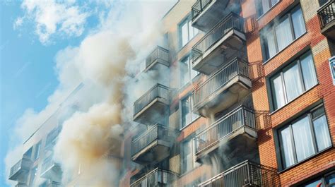 The aftermath of a residential fire, showing a damaged interior or exterior of a building, with smoke stains. Focus on a window or balcony of an apartment building.