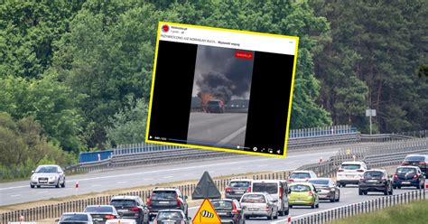 Zdjęcie płonącego dostawczaka na autostradzie A1