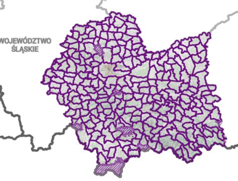 Mapa przedstawiająca podział administracyjny obwodów łowieckich w regionie