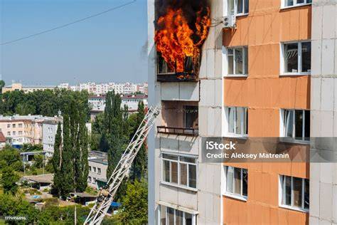 Thematic photo of a multi-story residential building with fire engines in front of it