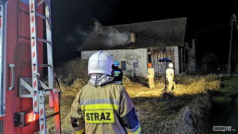 Zastępy straży pożarnej gaszące pożar opuszczonego budynku otoczonego lasem