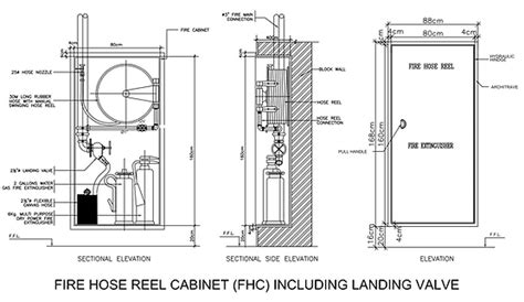 Technical drawing of a fire hose cabinet with dimensions