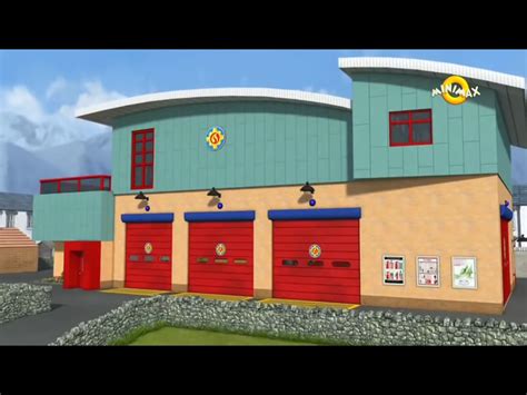Thematic photo of Fireman Sam and his friends standing in front of the fire station in Pontypandy