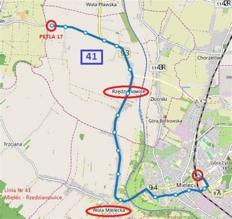 Mapa Gminy Mielec z zaznaczoną miejscowością Rzędzianowice i trasą linii MKS nr 41