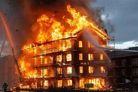 Thematic photo of firefighters battling a large industrial fire at night, with flames engulfing a building and vehicles