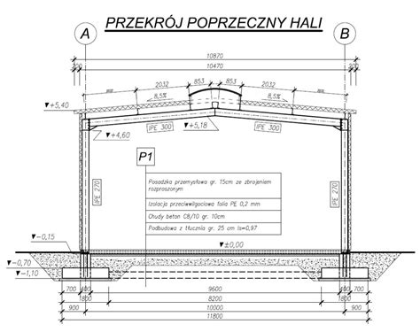 Przekrój hali stalowej z zaznaczonymi elementami konstrukcyjnymi i systemami przeciwpożarowymi