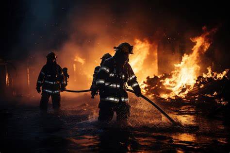 Thematic photo of firefighters extinguishing a large sawmill fire at night