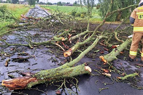 Zdjęcie zniszczeń po nawałnicach, powalone drzewa na drogach i zniszczone budynki