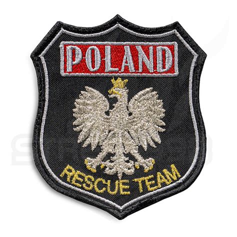 Naszywka naramienna POLAND RESCUE TEAM z widocznym systemem mocowania na rzep