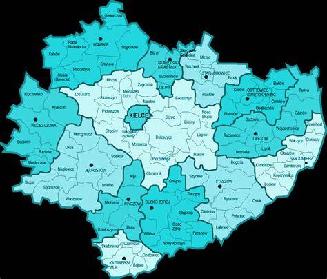 Mapa województwa świętokrzyskiego z zaznaczonymi miejscami incydentów