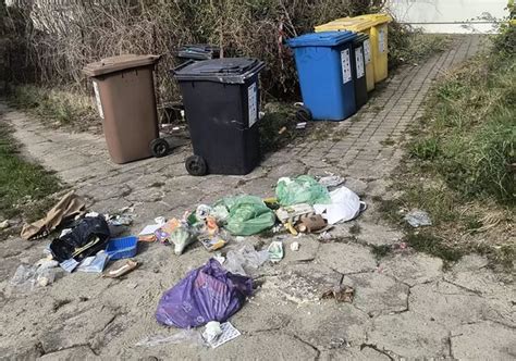 Zdjęcie przedstawiające zaśmiecony teren wokół remizy strażackiej z butelkami i innymi odpadami