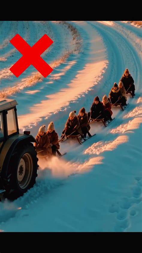Ilustracja przedstawiająca scenę wypadku podczas kuligu z quadem i sankami na tle zimowego krajobrazu
