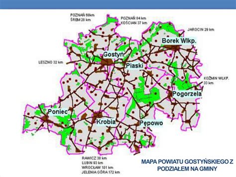 Mapa powiatu gostyńskiego z zaznaczonymi obszarami najczęstszych zagrożeń pożarowych pól