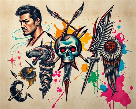 Grafika przedstawiająca różne rodzaje tatuaży strażackich, od prostych symboli po rozbudowane sceny.