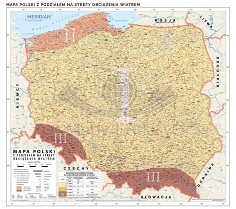 Mapa Polski z zaznaczonymi strefami obciążenia wiatrem II i III